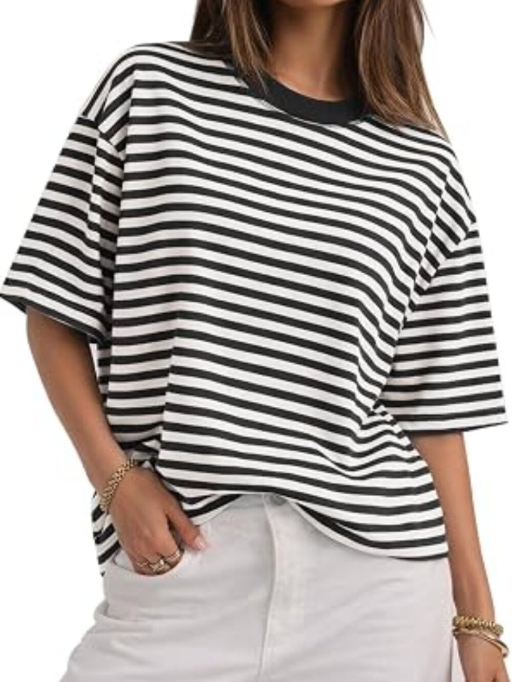 CHYRII Womens Oversized Striped T Shirts Short Sleeve (XL)